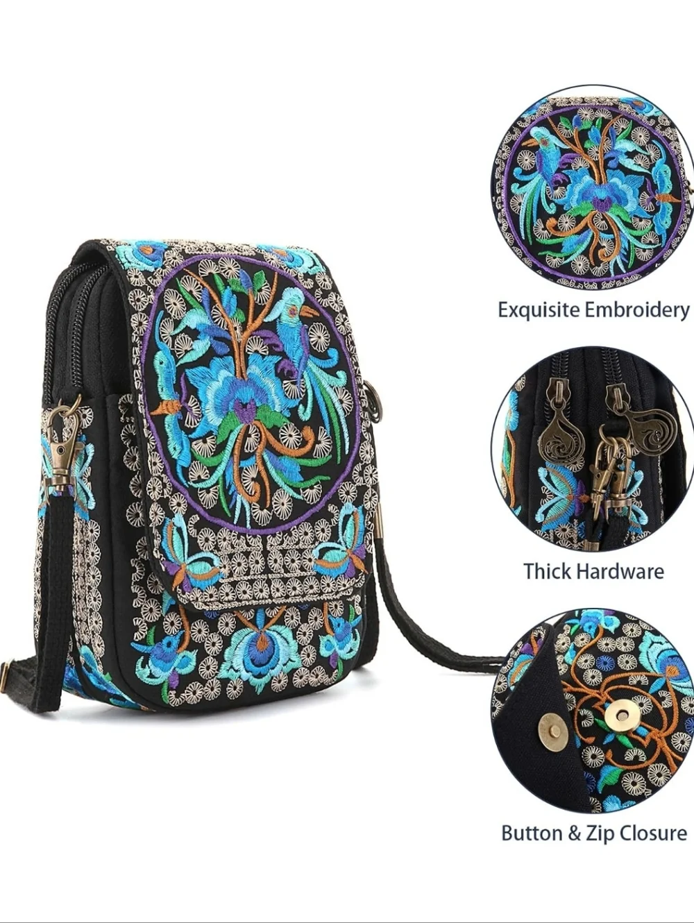 💙 Embroidered Boho Black & Blue Floral Backpack and Crossbody Purse 2pc